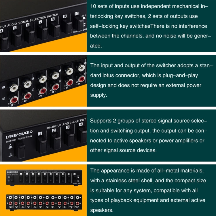 مفتاح RCA ثنائي الاتجاه B059 10 دخل 2 خرج / 2 دخل 10 خرج لاختيار تردد إشارة الصوت، مكبر صوت، B059