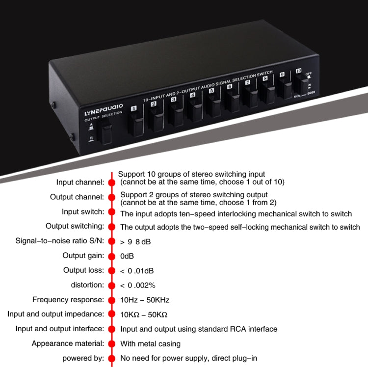 مفتاح RCA ثنائي الاتجاه B059 10 دخل 2 خرج / 2 دخل 10 خرج لاختيار تردد إشارة الصوت، مكبر صوت، B059