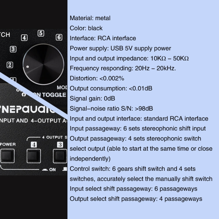 مفتاح RCA 6 دخل 4 خرج لاختيار وتوزيع إشارة الصوت مع تحكم في التبديل