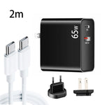 محول شحن لابتوب PD-65W USB-C / Type-C + QC3.0 USB + مجموعة كابل بيانات USB-C / Type-C إلى USB-C / Type-C بطول 2 متر، قابس أوروبي / قابس أمريكي، كابل USB-C / Type-C، قابس أوروبي / قابس أمريكي