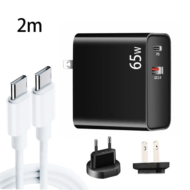 محول شحن لابتوب PD-65W USB-C / Type-C + QC3.0 USB + مجموعة كابل بيانات USB-C / Type-C إلى USB-C / Type-C بطول 2 متر، قابس أوروبي / قابس أمريكي، كابل USB-C / Type-C، قابس أوروبي / قابس أمريكي
