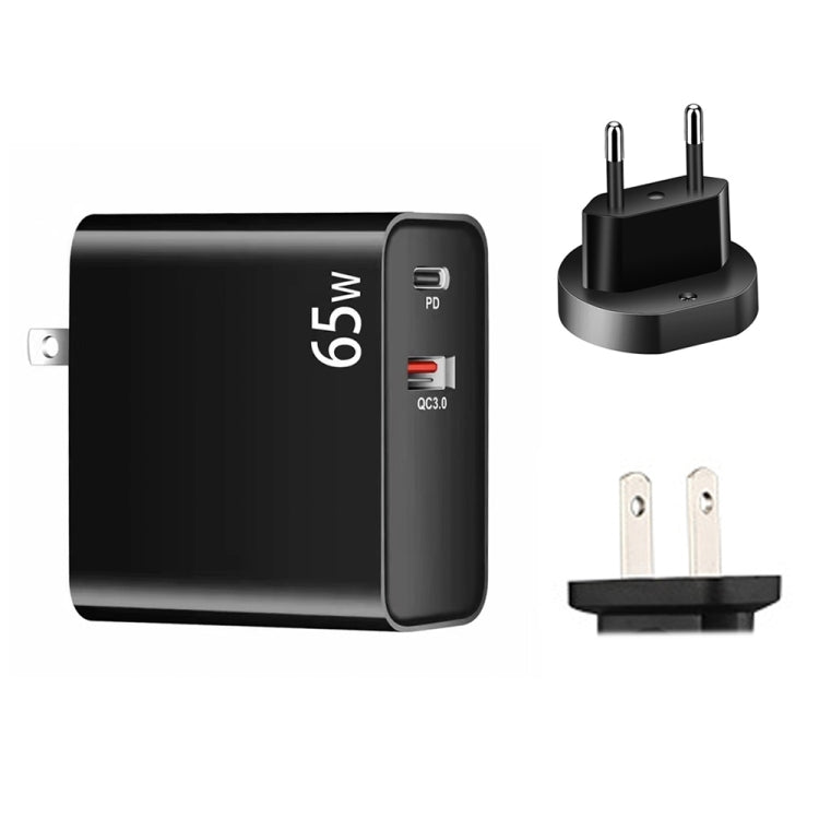 محول شحن لابتوب PD-65W USB-C / Type-C + QC3.0 USB + مجموعة كابل بيانات USB-C / Type-C إلى USB-C / Type-C بطول 2 متر، قابس أوروبي / قابس أمريكي، كابل USB-C / Type-C، قابس أوروبي / قابس أمريكي