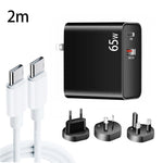 محول شحن لابتوب PD-65W USB-C / Type-C + QC3.0 USB + مجموعة كابل بيانات USB-C / Type-C إلى USB-C / Type-C بطول 2 متر، قابس أوروبي / أسترالي / أمريكي / بريطاني، كابل USB-C / Type-C، قابس أوروبي / أسترالي / أمريكي / بريطاني