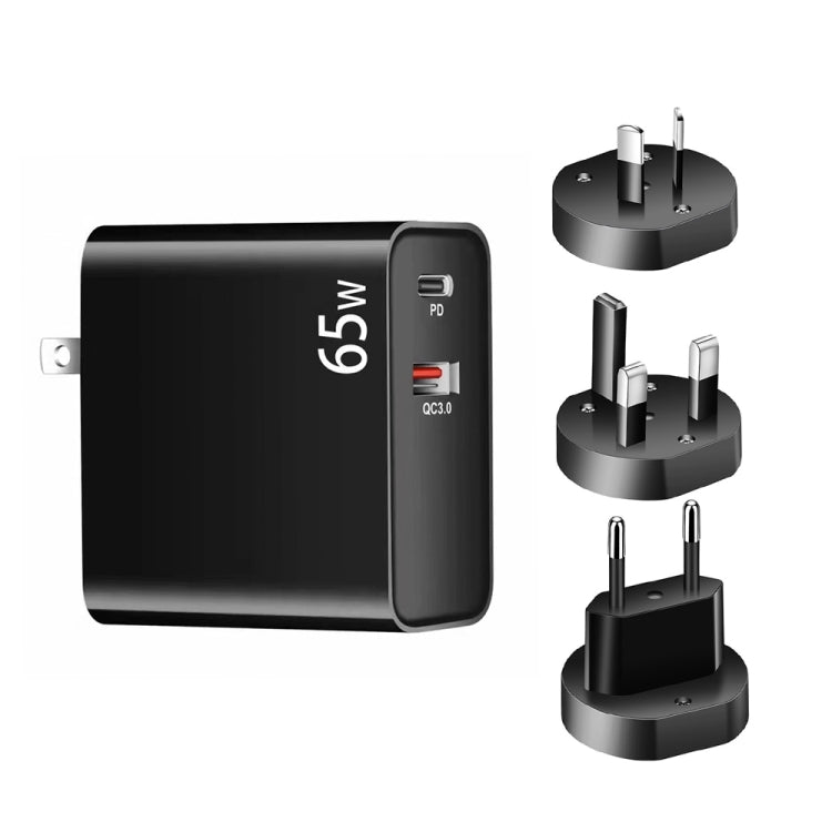 محول شحن لابتوب PD-65W USB-C / Type-C + QC3.0 USB + مجموعة كابل بيانات USB-C / Type-C إلى USB-C / Type-C بطول 2 متر، قابس أوروبي / أسترالي / أمريكي / بريطاني، كابل USB-C / Type-C، قابس أوروبي / أسترالي / أمريكي / بريطاني