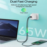 محول شحن لابتوب PD-65W USB-C / Type-C + QC3.0 USB + مجموعة كابل بيانات USB-C / Type-C إلى USB-C / Type-C بطول 2 متر، قابس أوروبي / أسترالي / أمريكي / بريطاني، كابل USB-C / Type-C، قابس أوروبي / أسترالي / أمريكي / بريطاني