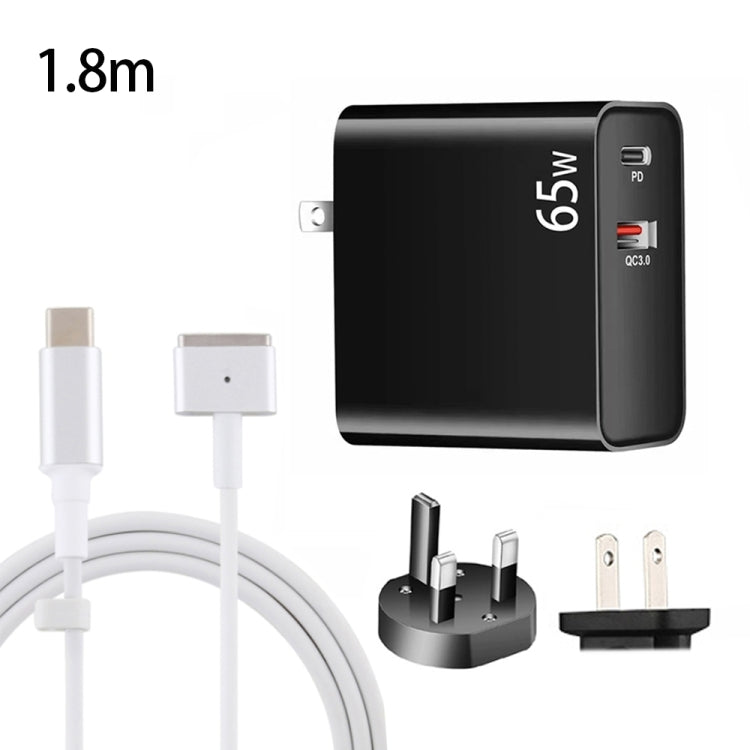 محول شحن لابتوب USB-C / Type-C + QC3.0 بقوة 65 واط + كابل بيانات USB-C / Type-C إلى MagSafe 2 / رأس T بطول 1.8 متر، قابس المملكة المتحدة / قابس الولايات المتحدة، كابل MagSafe 2 / T، قابس المملكة المتحدة / قابس الولايات المتحدة