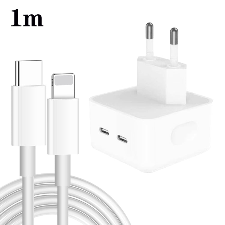 شاحن PD بقوة 35 واط بمنفذي USB-C / Type-C مع كابل بيانات Type-C إلى 8 سنون، قابس أوروبي، قابس أوروبي + كابل 8 سنون بطول 1 متر