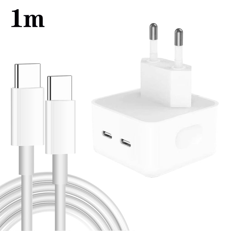 شاحن PD 35W بمنافذ USB-C / Type-C مزدوجة مع كابل بيانات Type-C إلى Type-C، قابس EU، قابس EU + كابل Type-C مزدوج بطول 1 متر، قابس EU + كابل Type-C مزدوج بطول 2 متر