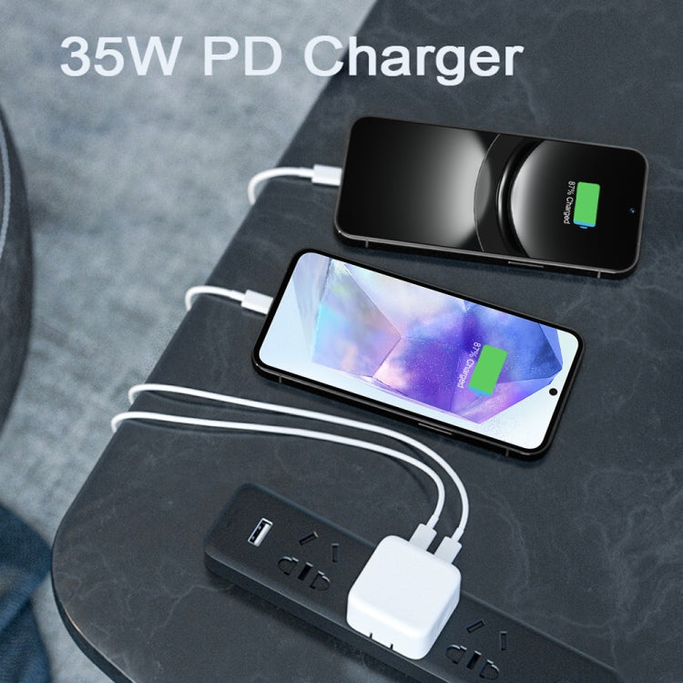 شاحن PD 35W بمنافذ USB-C / Type-C مزدوجة مع كابل بيانات Type-C إلى Type-C، قابس EU، قابس EU + كابل Type-C مزدوج بطول 1 متر، قابس EU + كابل Type-C مزدوج بطول 2 متر