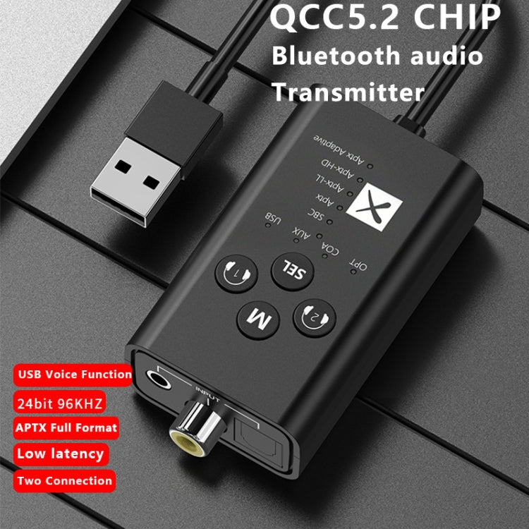 مرسل صوت بلوتوث T9 5.2 منخفض الكمون يدعم الألياف البصرية والمحوري APTX كامل السلسلة، مع كابل USB، بدون كابل