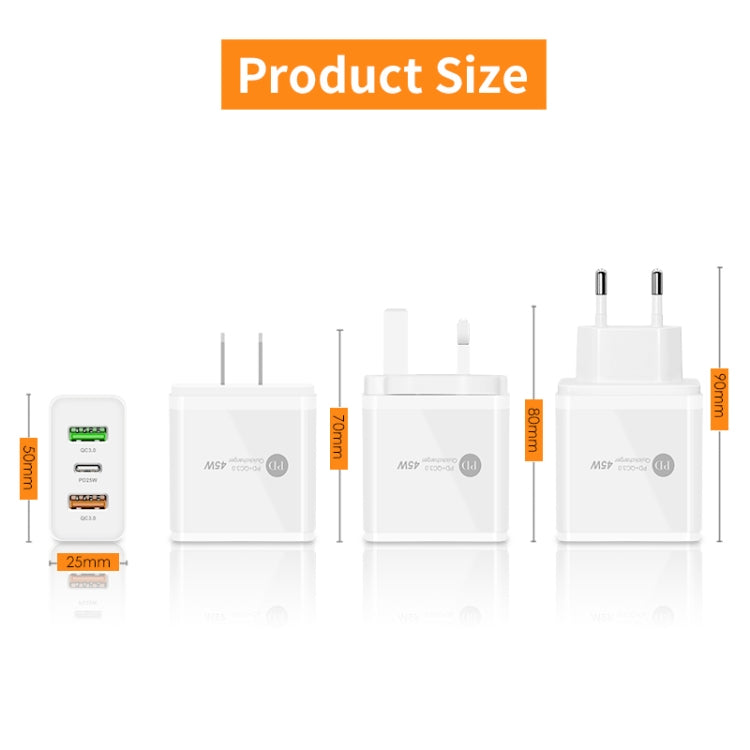 45W PD3.0 + 2 x QC3.0 USB Multi Port Quick Charger, US Plug, US Plug