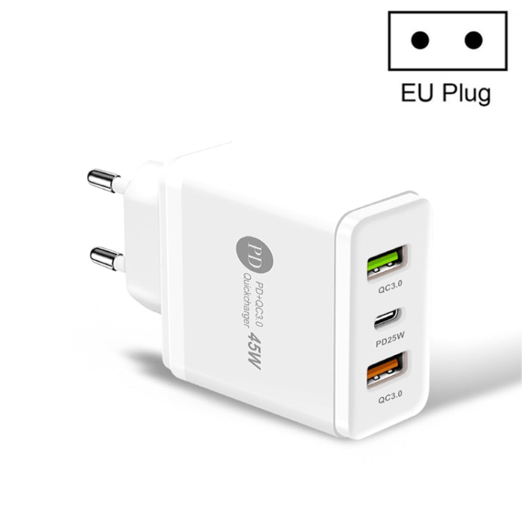 شاحن سريع متعدد المنافذ 45 واط PD3.0 + 2 × QC3.0 USB، قابس الاتحاد الأوروبي، قابس الاتحاد الأوروبي