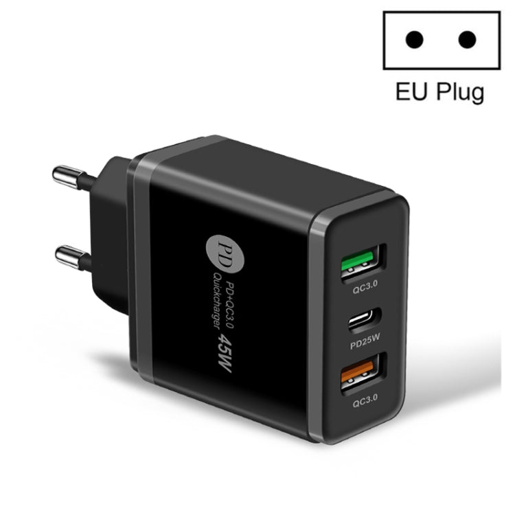 شاحن سريع متعدد المنافذ 45 واط PD3.0 + 2 × QC3.0 USB، قابس الاتحاد الأوروبي، قابس الاتحاد الأوروبي