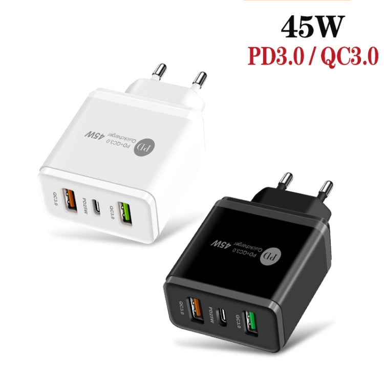شاحن سريع متعدد المنافذ 45 واط PD3.0 + 2 × QC3.0 USB، قابس الاتحاد الأوروبي، قابس الاتحاد الأوروبي