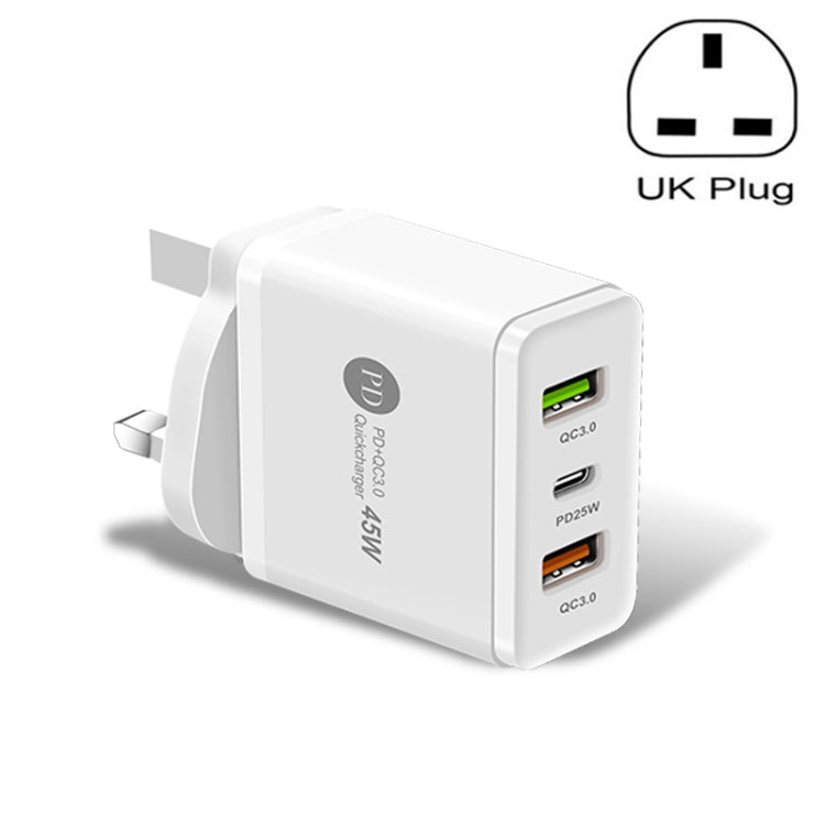 شاحن سريع متعدد المنافذ USB بقوة 45 واط PD3.0 + 2 × QC3.0، قابس المملكة المتحدة، قابس المملكة المتحدة
