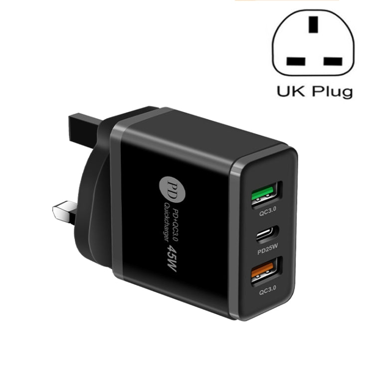 شاحن سريع متعدد المنافذ USB بقوة 45 واط PD3.0 + 2 × QC3.0، قابس المملكة المتحدة، قابس المملكة المتحدة