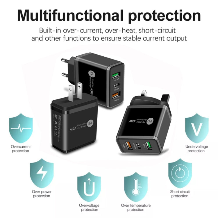 شاحن سريع متعدد المنافذ USB بقوة 45 واط PD3.0 + 2 × QC3.0، قابس المملكة المتحدة، قابس المملكة المتحدة