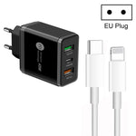 شاحن متعدد المنافذ USB بقوة 45 واط PD3.0 + 2 × QC3.0 مع كابل Type-C إلى 8 سنون، قابس الاتحاد الأوروبي، قابس الاتحاد الأوروبي + كابل Type-C إلى 8 سنون