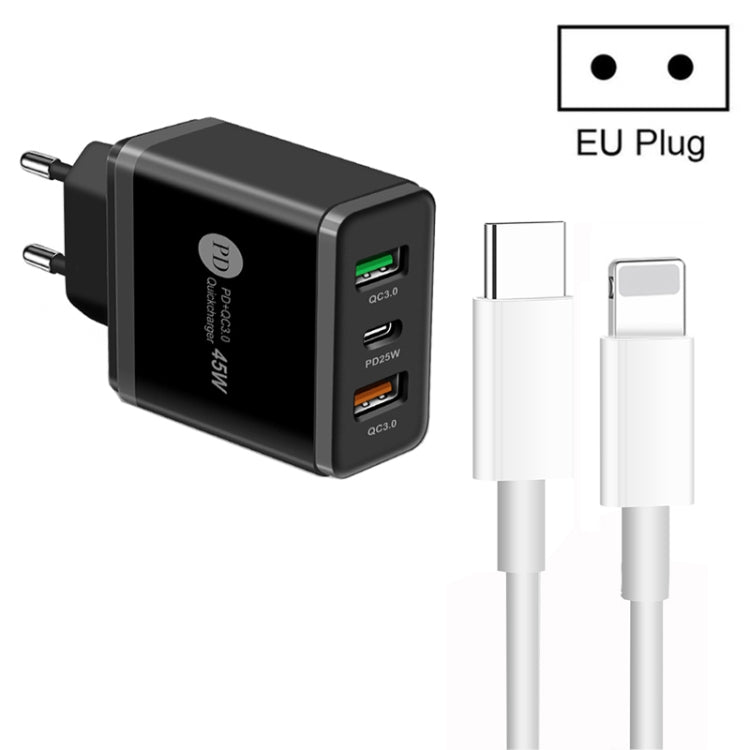 شاحن متعدد المنافذ USB بقوة 45 واط PD3.0 + 2 × QC3.0 مع كابل Type-C إلى 8 سنون، قابس الاتحاد الأوروبي، قابس الاتحاد الأوروبي + كابل Type-C إلى 8 سنون