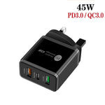 شاحن متعدد المنافذ USB بقوة 45 واط PD3.0 + 2 × QC3.0 مع كابل Type-C إلى 8 سنون، قابس المملكة المتحدة، قابس المملكة المتحدة + كابل Type-C إلى 8 سنون