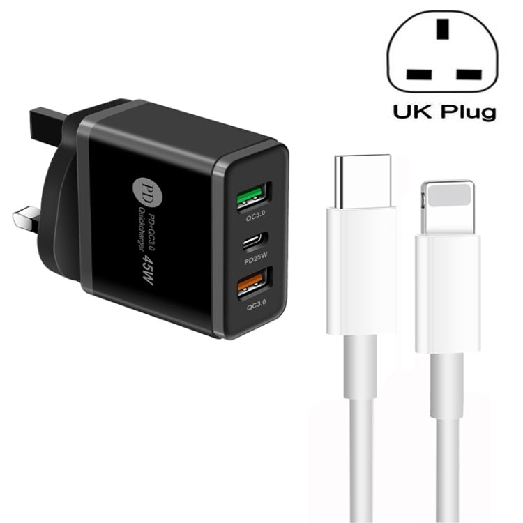 شاحن متعدد المنافذ USB بقوة 45 واط PD3.0 + 2 × QC3.0 مع كابل Type-C إلى 8 سنون، قابس المملكة المتحدة، قابس المملكة المتحدة + كابل Type-C إلى 8 سنون
