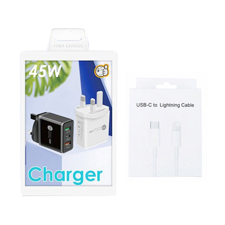 شاحن متعدد المنافذ USB بقوة 45 واط PD3.0 + 2 × QC3.0 مع كابل Type-C إلى 8 سنون، قابس المملكة المتحدة، قابس المملكة المتحدة + كابل Type-C إلى 8 سنون
