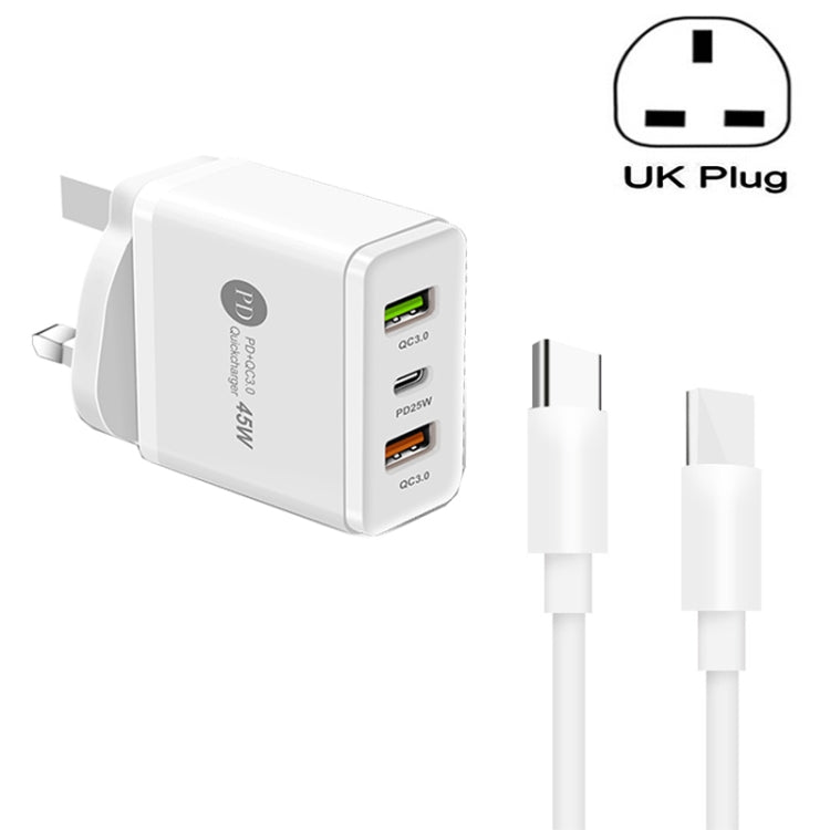 شاحن متعدد المنافذ USB بقدرة 45W PD3.0 + 2 × QC3.0 مع كابل Type-C إلى Type-C، قابس UK، قابس UK + كابل Type-C إلى Type-C