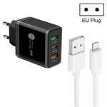 شاحن متعدد المنافذ USB بقوة 45 واط PD25W + 2 × QC3.0 مع كابل USB إلى 8 سنون، قابس الاتحاد الأوروبي، قابس الاتحاد الأوروبي + كابل USB إلى 8 سنون