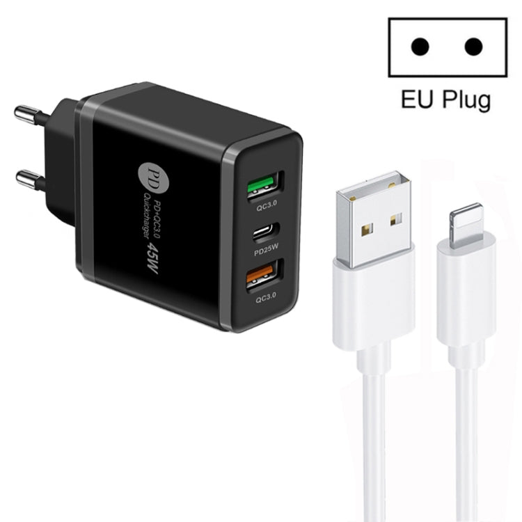 شاحن متعدد المنافذ USB بقوة 45 واط PD25W + 2 × QC3.0 مع كابل USB إلى 8 سنون، قابس الاتحاد الأوروبي، قابس الاتحاد الأوروبي + كابل USB إلى 8 سنون