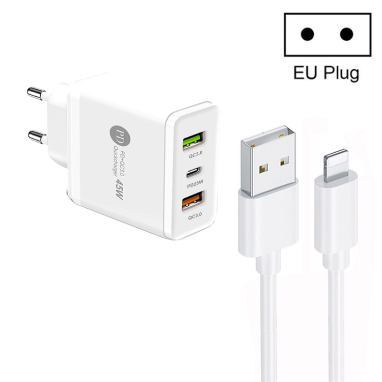 شاحن متعدد المنافذ USB بقوة 45 واط PD25W + 2 × QC3.0 مع كابل USB إلى 8 سنون، قابس الاتحاد الأوروبي، قابس الاتحاد الأوروبي + كابل USB إلى 8 سنون
