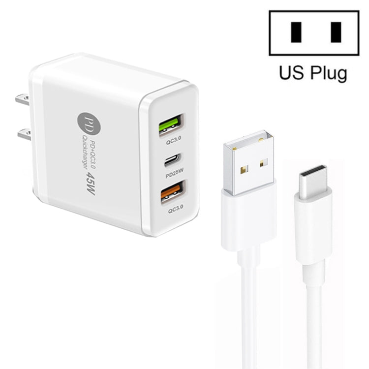 شاحن متعدد المنافذ USB بقدرة 45W PD25W + 2 × QC3.0 مع كابل USB إلى Type-C، قابس US، قابس US + كابل USB إلى Type-C