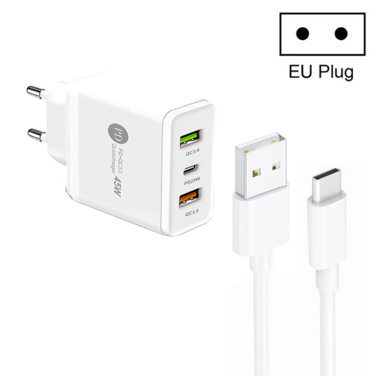 شاحن متعدد المنافذ USB بقدرة 45W PD25W + 2 × QC3.0 مع كابل USB إلى Type-C، قابس EU، قابس EU + كابل USB إلى Type-C