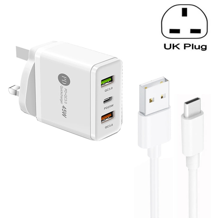 شاحن متعدد المنافذ USB بقدرة 45W PD25W + 2 × QC3.0 مع كابل USB إلى Type-C، قابس UK، قابس UK + كابل USB إلى Type-C