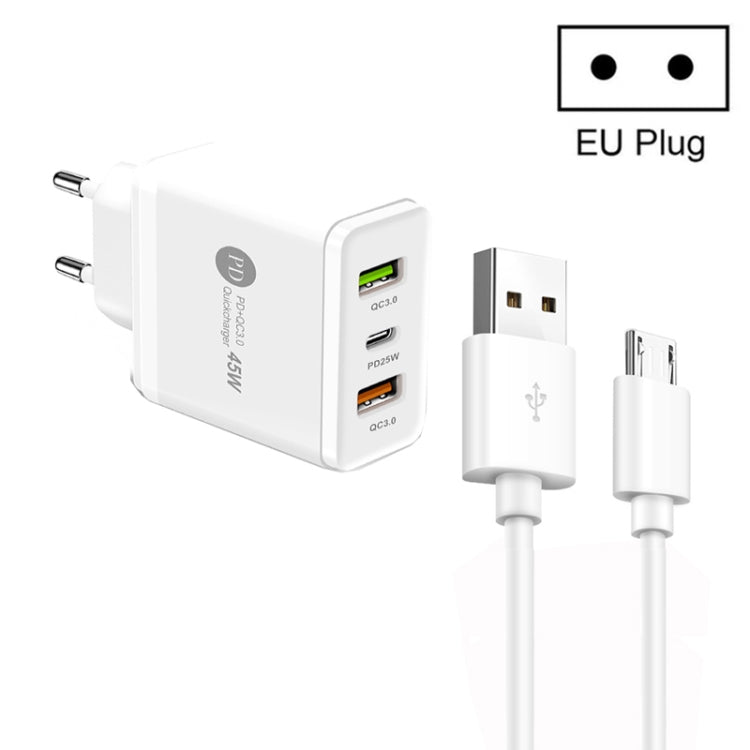 شاحن متعدد المنافذ USB بقدرة 45W PD25W + 2 × QC3.0 مع كابل USB إلى Micro USB، قابس EU، قابس EU + كابل USB إلى Micro USB