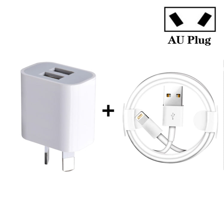 شاحن USB صغير بمنفذين مع كابل بيانات USB إلى 8 سنون، قابس أسترالي، قابس أسترالي + كابل 8 سنون