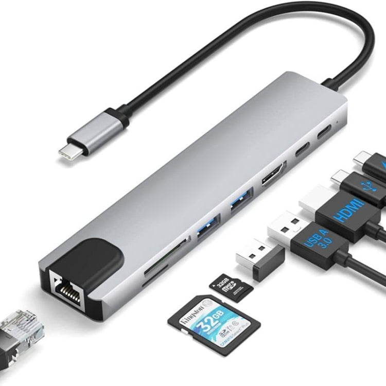 محول متعدد المنافذ DS-20808 8 في 1 USB-C / Type-C مع HDMI 4K، USB 3.0، قارئ بطاقات SD/TF، دونجل USB C لأجهزة MacBook Pro/Air وأجهزة Type C الأخرى، 8 في 1