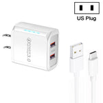 شاحن USB مزدوج المنفذ 36W QC3.0 مع كابل بيانات USB إلى Type-C بقوة 3A، قابس US، قابس US + كابل USB إلى Type-C