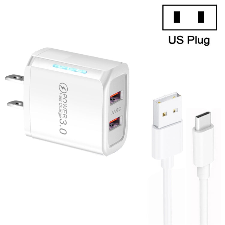 شاحن USB مزدوج المنفذ 36W QC3.0 مع كابل بيانات USB إلى Type-C بقوة 3A، قابس US، قابس US + كابل USB إلى Type-C