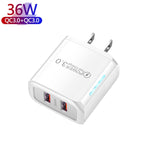 شاحن USB مزدوج المنفذ 36W QC3.0 مع كابل بيانات USB إلى Type-C بقوة 3A، قابس US، قابس US + كابل USB إلى Type-C