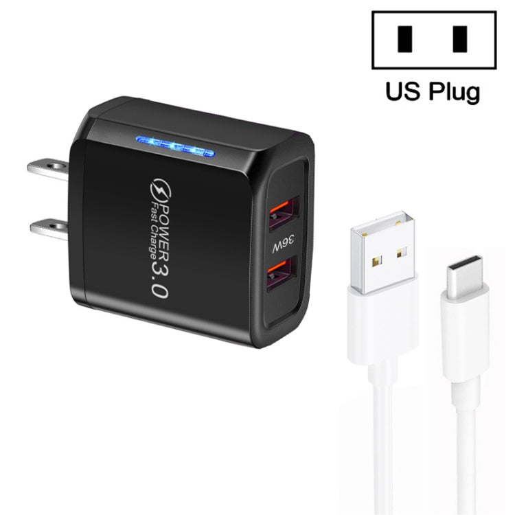 شاحن USB مزدوج المنفذ 36W QC3.0 مع كابل بيانات USB إلى Type-C بقوة 3A، قابس US، قابس US + كابل USB إلى Type-C