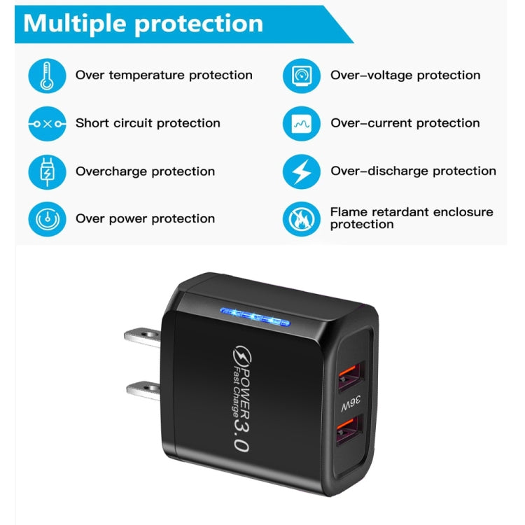 شاحن USB مزدوج المنفذ 36W QC3.0 مع كابل بيانات USB إلى Type-C بقوة 3A، قابس US، قابس US + كابل USB إلى Type-C