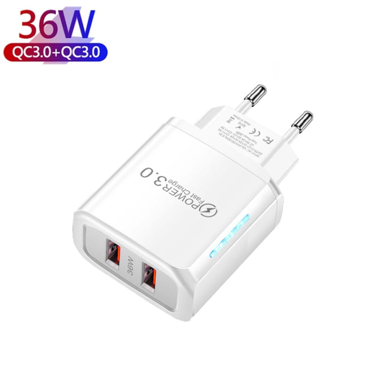 شاحن USB مزدوج المنفذ 36W QC3.0 مع كابل بيانات USB إلى Type-C بقوة 3A، قابس EU، قابس EU + كابل USB إلى Type-C