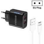 شاحن USB مزدوج المنفذ 36W QC3.0 مع كابل بيانات USB إلى Type-C بقوة 3A، قابس EU، قابس EU + كابل USB إلى Type-C