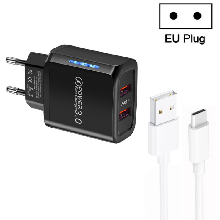 شاحن USB مزدوج المنفذ 36W QC3.0 مع كابل بيانات USB إلى Type-C بقوة 3A، قابس EU، قابس EU + كابل USB إلى Type-C