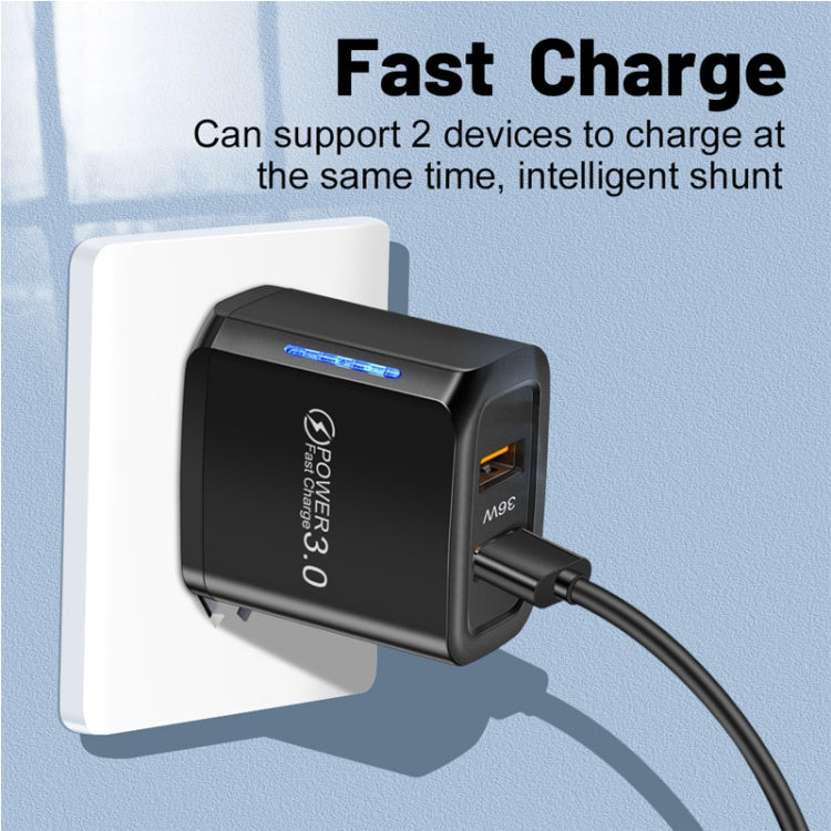 شاحن USB مزدوج المنفذ 36W QC3.0 مع كابل بيانات USB إلى Type-C بقوة 3A، قابس EU، قابس EU + كابل USB إلى Type-C