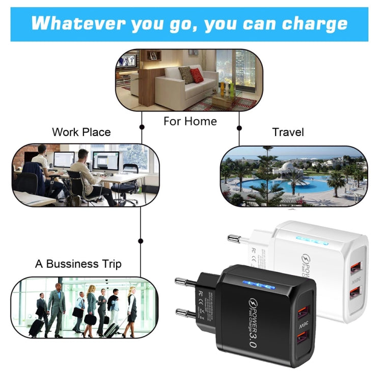 شاحن USB مزدوج المنفذ 36W QC3.0 مع كابل بيانات USB إلى Type-C بقوة 3A، قابس EU، قابس EU + كابل USB إلى Type-C