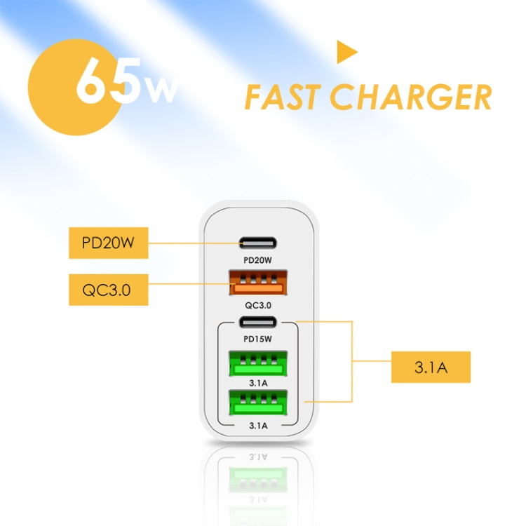 شاحن متعدد المنافذ USB بقوة 65 واط مع منفذين PD Type-C + 3 منافذ USB للهواتف والأجهزة اللوحية، قابس الولايات المتحدة، قابس الولايات المتحدة