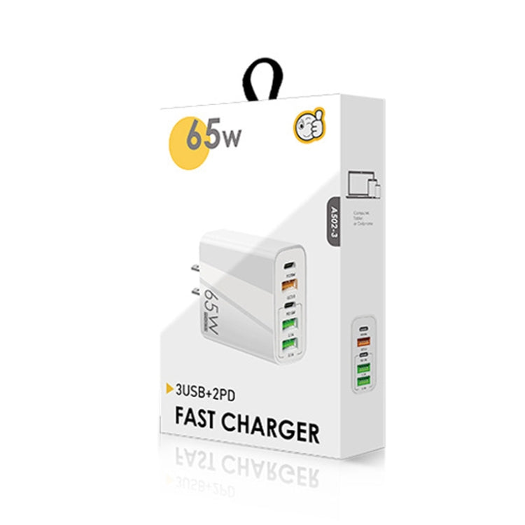 شاحن متعدد المنافذ USB بقوة 65 واط مع منفذين PD Type-C + 3 منافذ USB للهواتف والأجهزة اللوحية، قابس الولايات المتحدة، قابس الولايات المتحدة