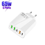 شاحن متعدد المنافذ USB بقوة 65 واط مع منفذين PD Type-C + 3 منافذ USB للهواتف والأجهزة اللوحية، قابس الاتحاد الأوروبي، قابس الاتحاد الأوروبي