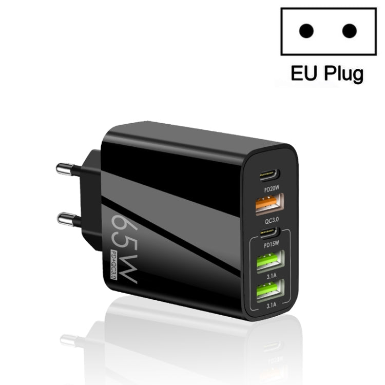 شاحن متعدد المنافذ USB بقوة 65 واط مع منفذين PD Type-C + 3 منافذ USB للهواتف والأجهزة اللوحية، قابس الاتحاد الأوروبي، قابس الاتحاد الأوروبي